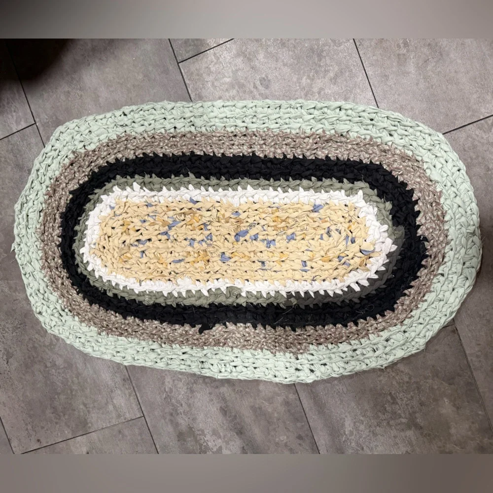 Handmade crocheted rug bathroom kitchen mat 20x34” oval repurposed recycled art